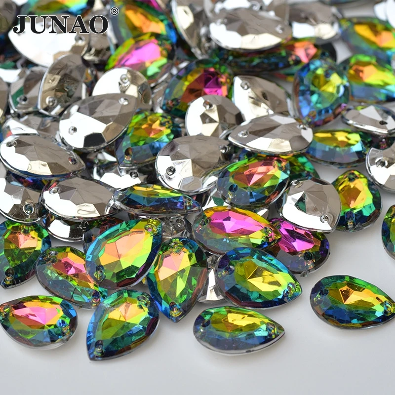 

JUNAO 13*18mm Sewing Rainbow Rhinestone Applique Drop Acrylic Strass Diamond Sew On Crystal Stones For Clothes Needlework Crafts