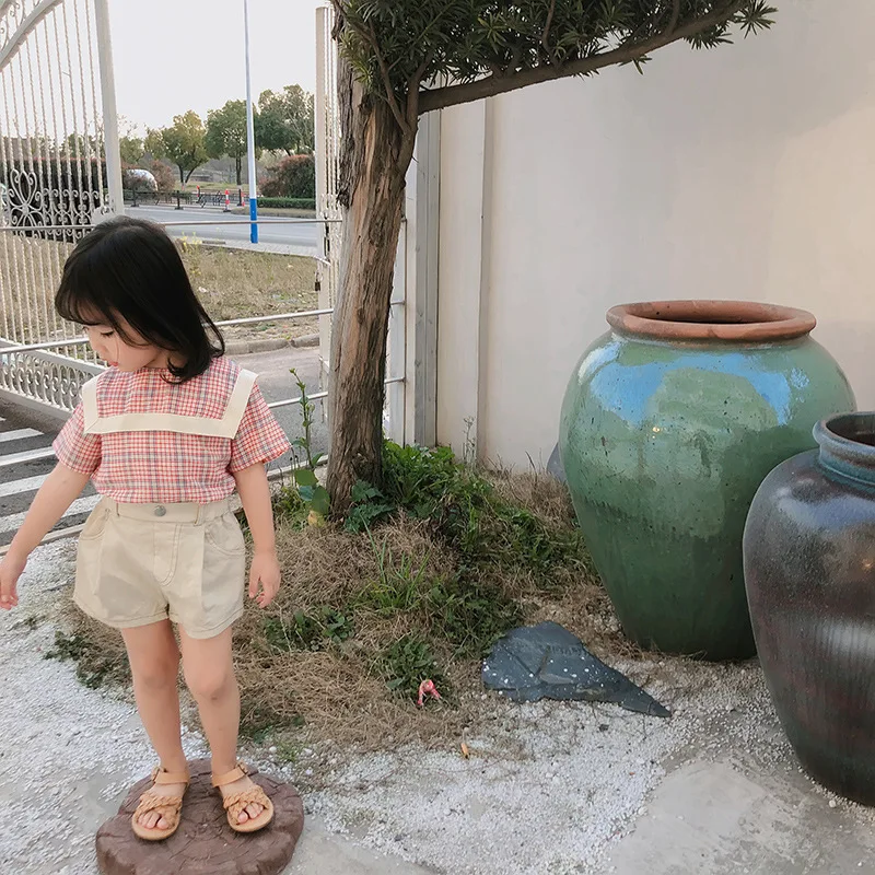 Детская одежда жилет для малышей Милая Корейская блузка с короткими рукавами новые летние клетчатые рубашки для маленьких девочек хлопковая рубашка с воротником в морском стиле