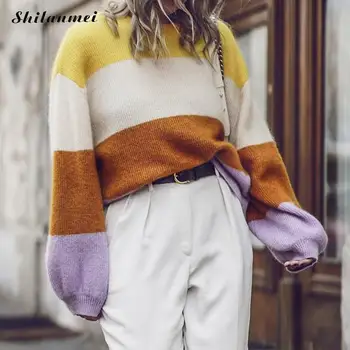 

2019 Autumn Causal Knitted Pullover Winter Long Sleeve Fashion Striped Women Sweater Mohair Loose Pull Femme Streeetwear Jumper