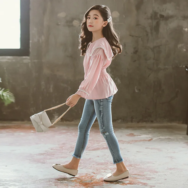 Детская футболка для детей модная одежда для девочек с длинным рукавом собирать Блузы с кулиской на талии весенне-осенняя детская одежда в Корейском стиле для девочек 4681012 длинная блуза