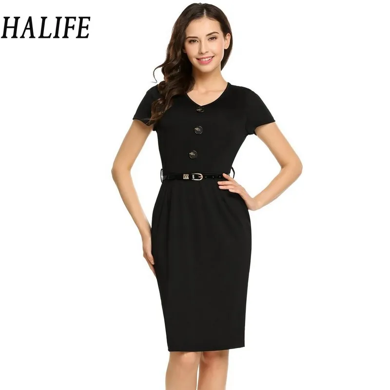 HALIFE Women Casual V Neck Office Dress Short Sleeve Split Hem Front