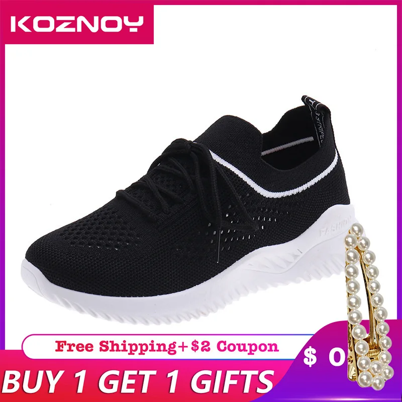 

Koznoy Sneakers Women Spring Students Dropshipping Leisure Breathable Fashion Slip on Muffin Bottom Round Toe Lace Women Shoes