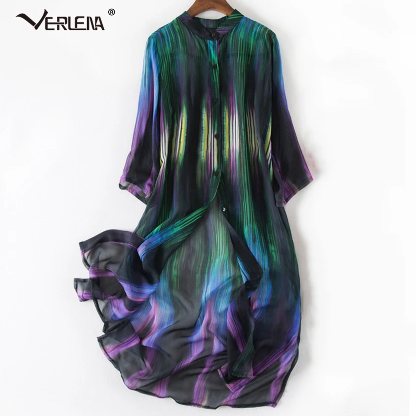 Verlena, восхитительное платье из шелка с градиентным узором, плиссе, прозрачный кардиган, длинная рубашка, платье со стоячим воротником, прямые платья