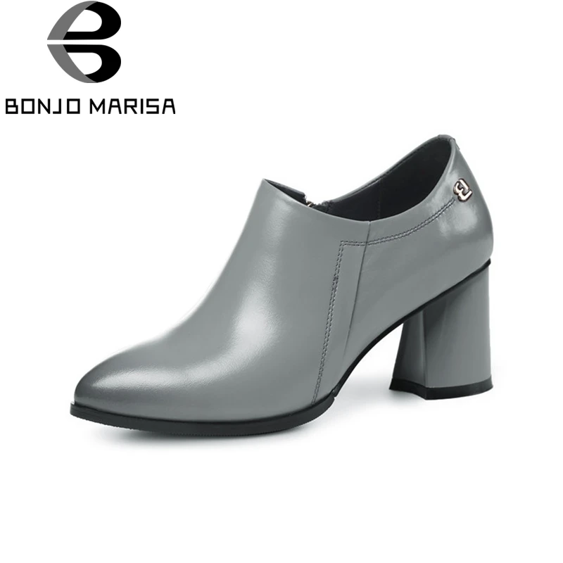 

BONJOMARISA 2018 Spring Autumn Concise Elegant Genuine Leather Deep Pumps Solid Zip High Heels Mixed Color Sewing Shoes Woman