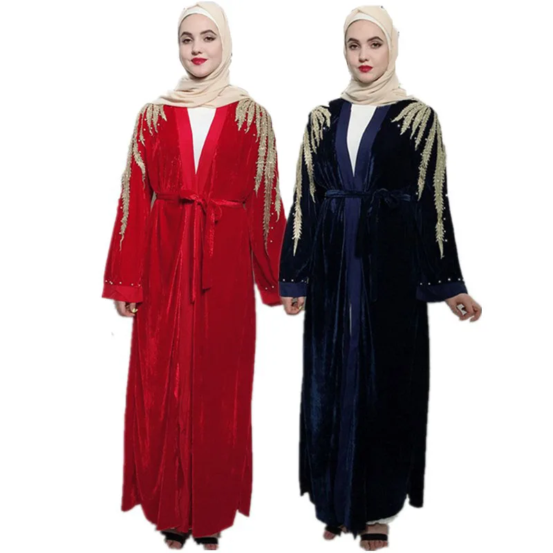 Открытый бархатный халат-кимоно блесток абайя Дубайский Мусульманский платье хиджаб женщин Рамадан Caftan abaya s Elbise молитва турецкий ислам одежда