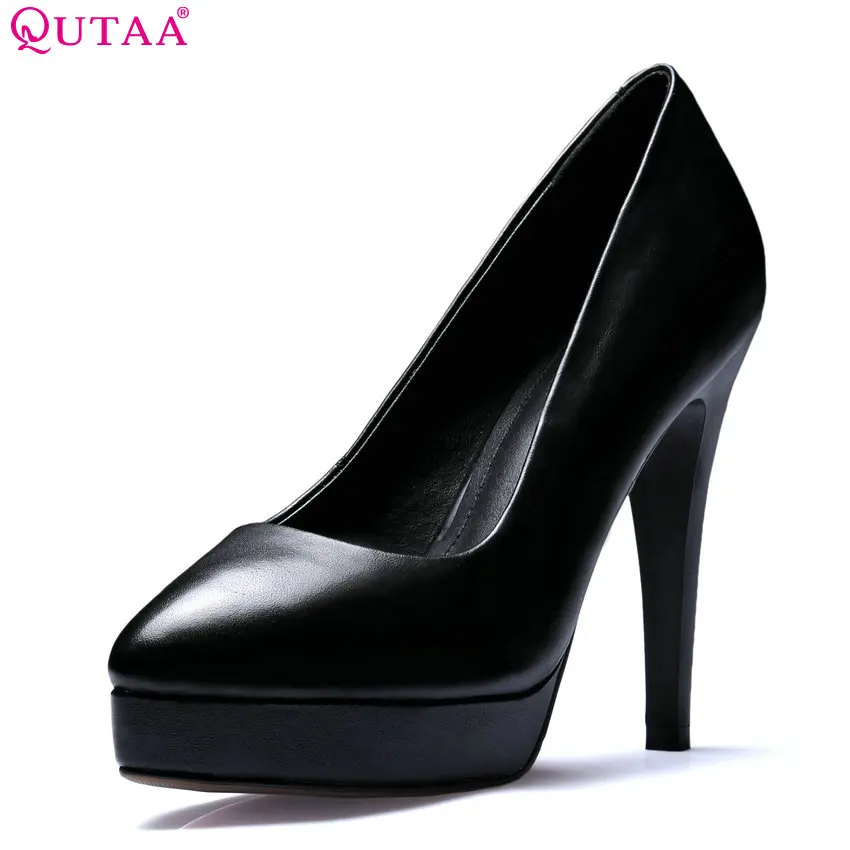 QUTAA 2018 Thin High Heel Ladies Pumps Fashion Pointed Toe Genuine Leather + Pu 8.5CM/11.5CM Heel Women Pumps Szie 34-39