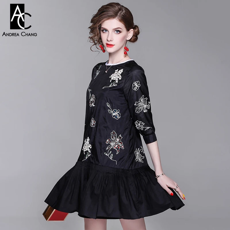 summer spring woman dress beading white flower pattern embroidery black cotton dress ruffled