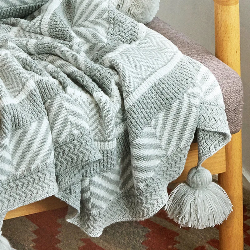 Хлопковая пряжа вязаное Покрывало «Русалочка», с кисточками, одеяло, домашнее украшение чехол для Одеяло в бело-серую полоску Twin Размеры
