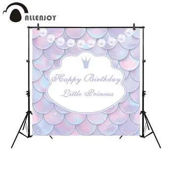 

Allenjoy backgrounds for photography studio Happy Birthday little princess Beautiful Fish scales pearls Crown backdrop photocall
