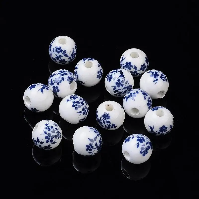 

Jewelry Beads 10PCS Round Flower Handmade Blue and White Ceramic Porcelain Beads, 10mm, Hole: 3mm