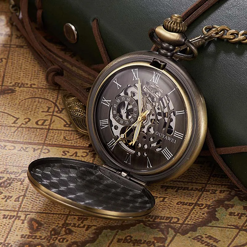 OUYAWEI, антикварные Механические карманные часы со скелетом, мужские цепочки, ожерелье, Бизнес Стиль, повседневные, Fallout Pocket& Fob, роскошные часы, часы