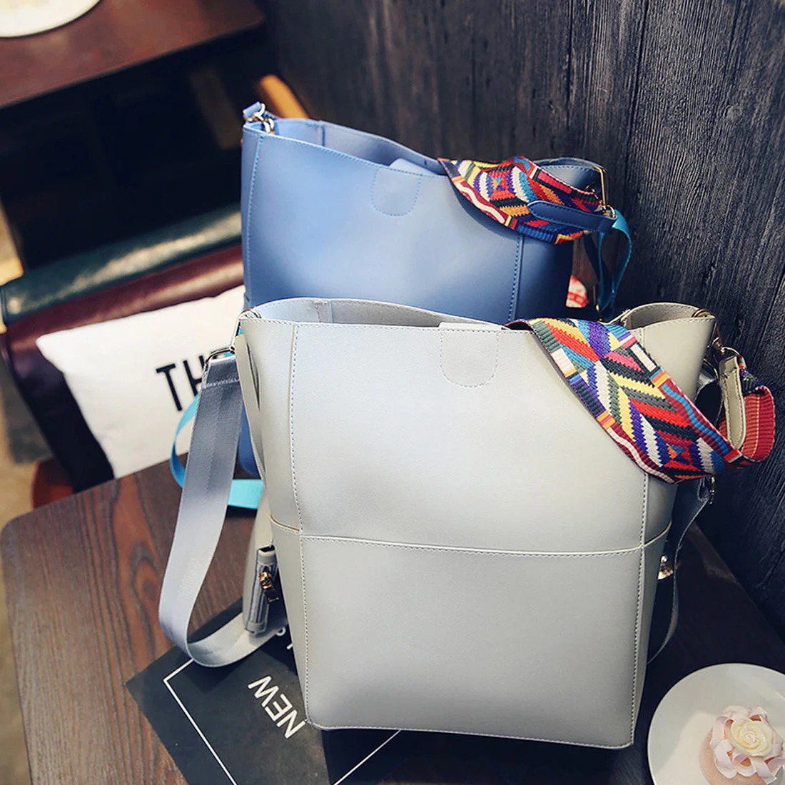 

Women bag with Colorful Strap Bucket Bag Women PU Leather Shoulder Bags Brand Designer Ladies Crossbody messenger Bags