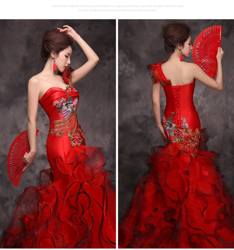 Красный женский китайский свадебный vestido женский сексуальный длинный Qi Pao рыбий хвост современный с новогодней елкой, бумажный платье для женщин Qipao