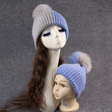 Родитель-детский головной убор с настоящим меховым помпоном шапка с помпоном для взрослых Детские вязаные шапочки Толстая Ангорская мягкая теплая шапка
