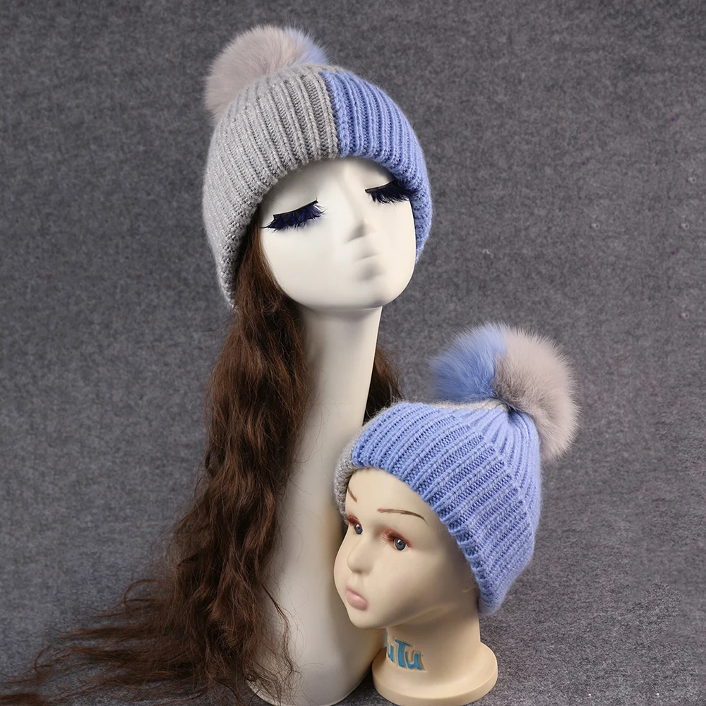 

Parent-Child Hat With Real Fur Pom Poms Hat Adult Children Knitted Beanies Thick Angora Soft Warm Cap