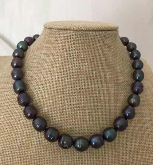 

elegant 12-13mm tahitian black green baroque pearl necklace 18inch 925silver