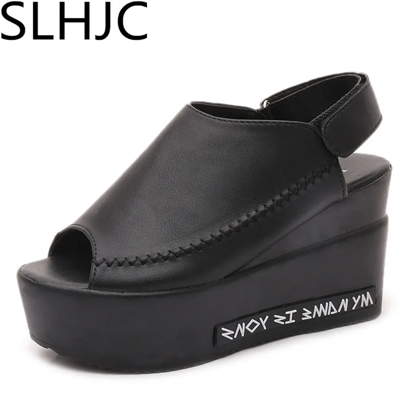 

SLHJC 2017 Summer High Heel Pumps Sandals Open Toe Elevator Wedges Heel Platform Summer Shoes Women High Heel Sandals 10 CM