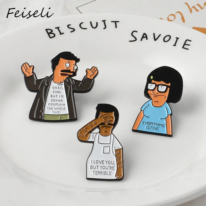 

Feiseli Brand New Enamel Cartoon Bob's Burgers Brooch Pins Cute Coat T Shirt Corsage Women Hand Bag Decor Metal Badge Gift