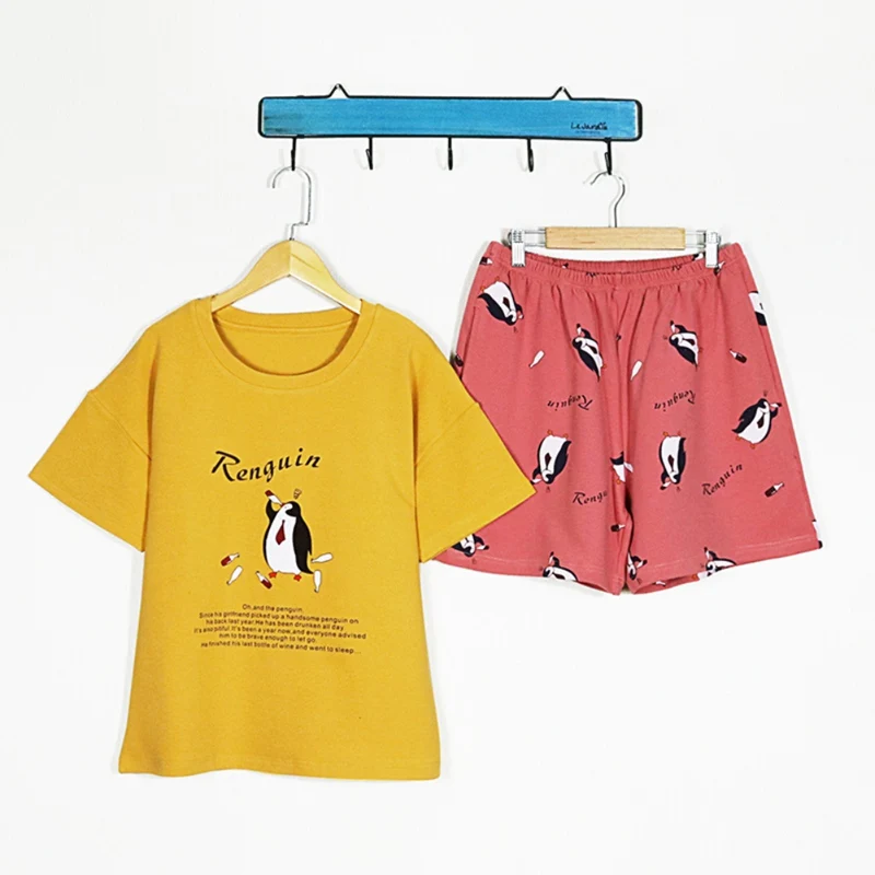 

Fruits Print Tshirt + Drawstring Waist Shorts Pajama Set 2019 Round Neck Short Sleeve Women Cartoon Cute Pajama Set