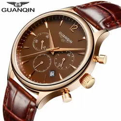 GUANQIN Для мужчин s часы лучший бренд Роскошные модные Для мужчин спортивный хронограф часы коричневый кожаный ремешок кварцевые часы Relogio