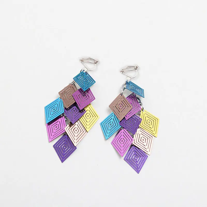 

JIOFREE Long Multi-layer rhombus Leaves Clip on Earrings Without Piercing for Women Party Weddng Luxury Ear Clip