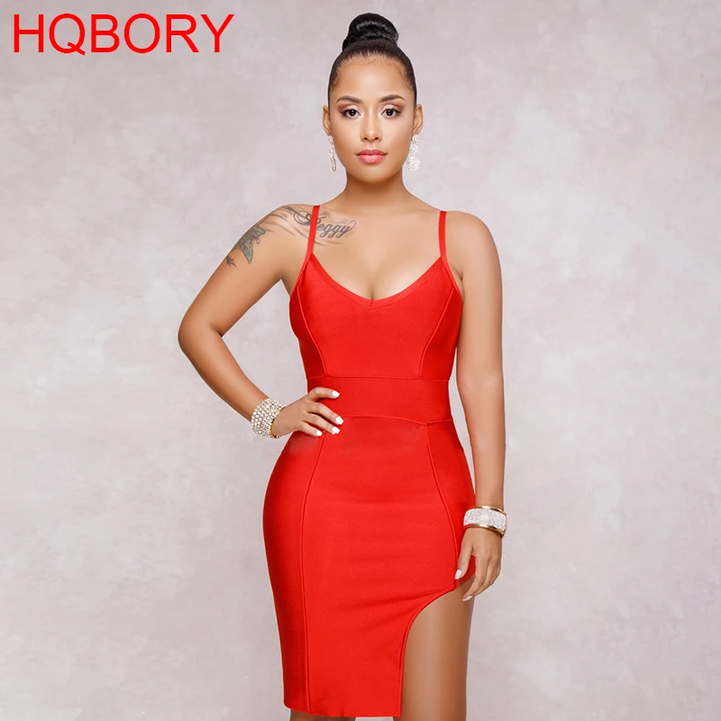 

Spaghetti Strap Split Red Elastic Knitted 2019 New Sexy Ladies Knee Length Bandage Dress