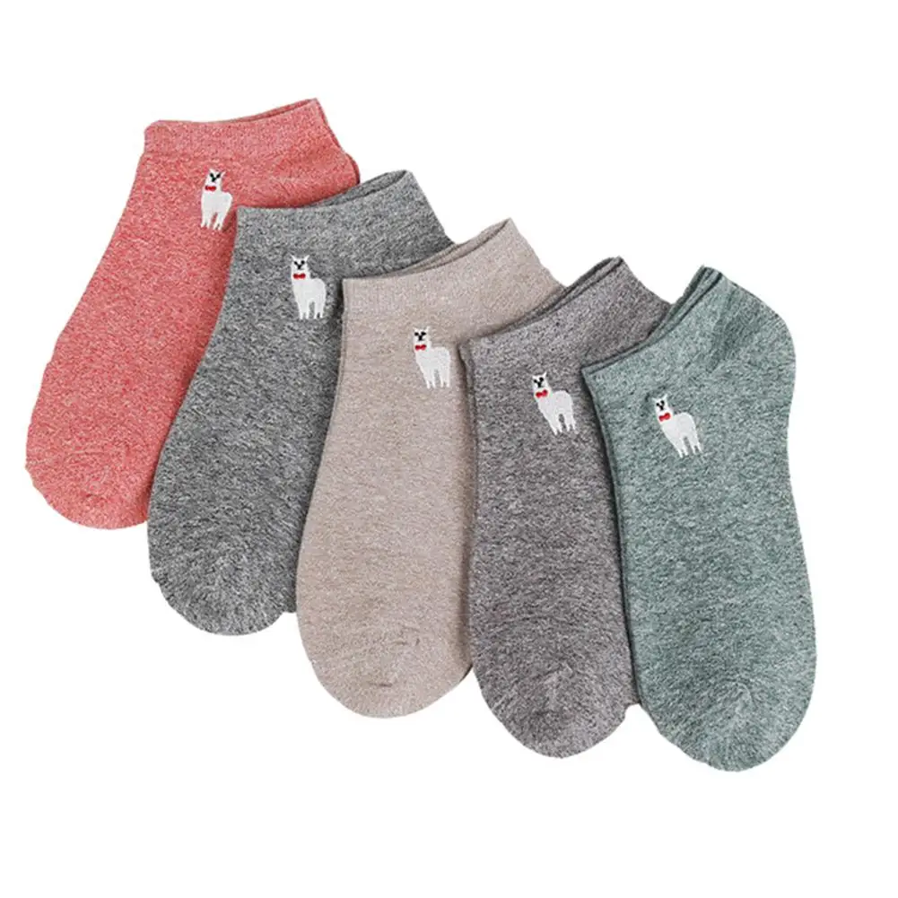 Дышащие хлопковые милые чулочно-носочные изделия с вышивкой в виде альпаки; женские короткие носочки; Школьные носки для девочек; Тапочки
