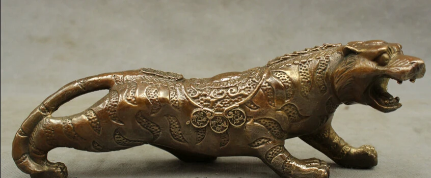 

song voge gem S4894 10" Folk Chinese Bronze Copper Wealth Zodiac Year Coin Tiger Statue Sculpture