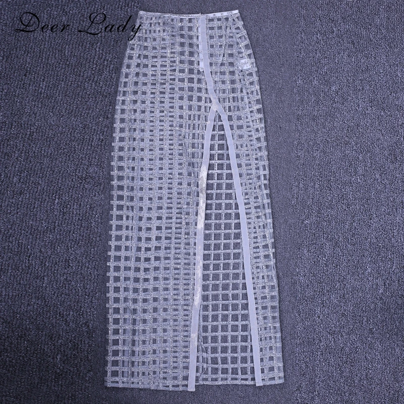 Deer Lady Autumn 2 Piece Bandage Set 2018 kim kardashian Bodycon Mesh Sheer Dress Women Glitter Dress Party White Sexy Crop Top