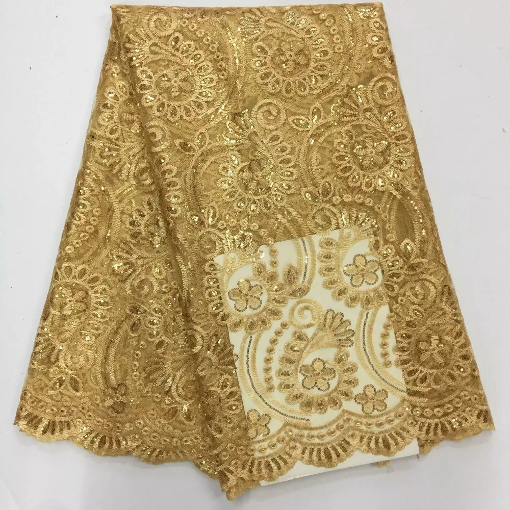 Gold color sequin lace fabric high quality african swiss lace fabric