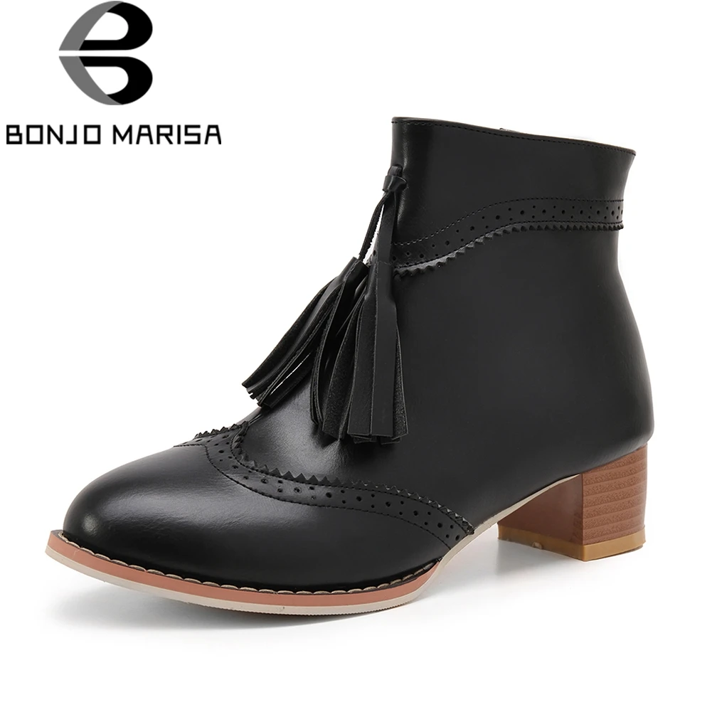 

BONJOMARISA Large Size 35-43 Fashion Fringe Black Ankle Booties Women Autumn Winter 2019 Fretwork Med Wide Heels Shoes Woman