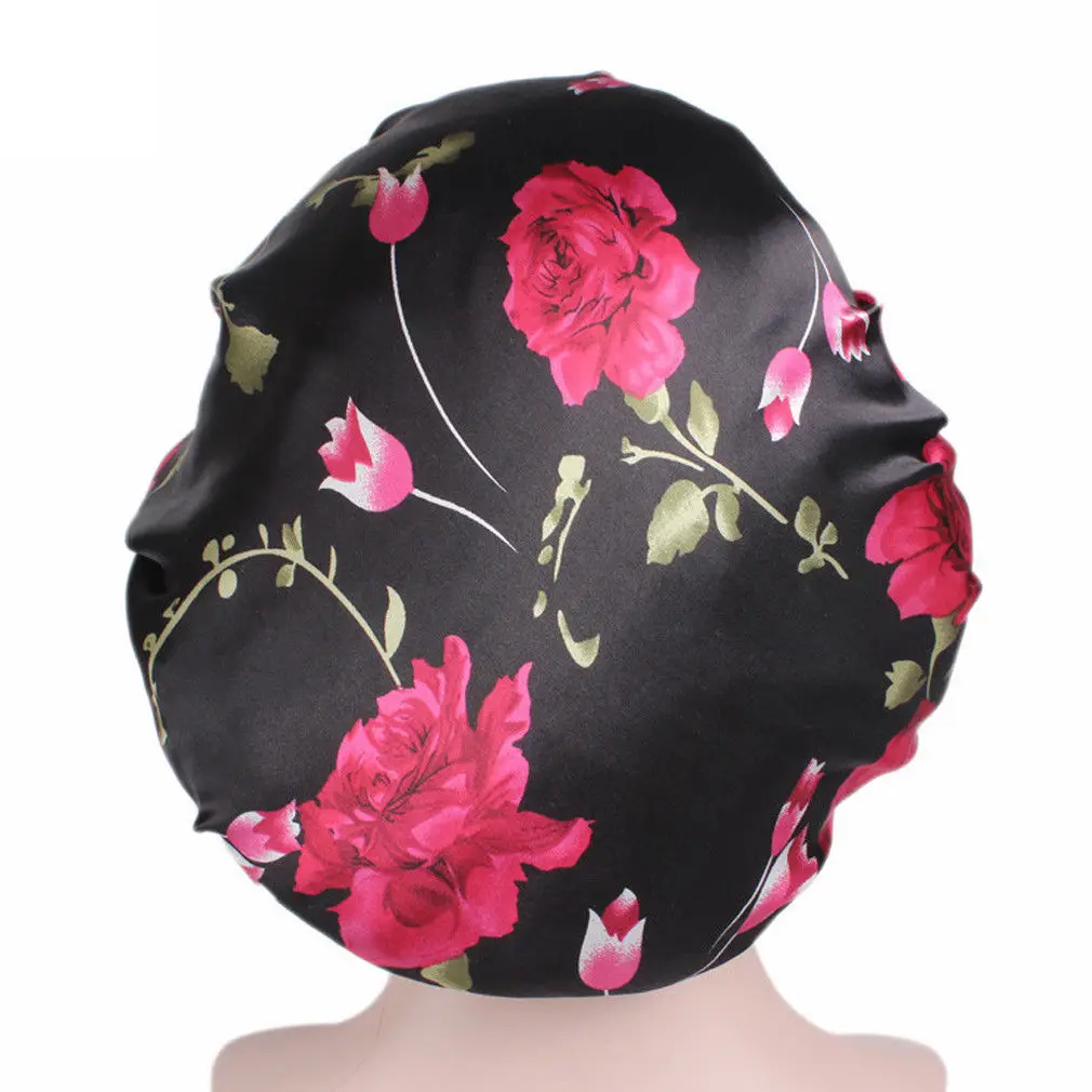 Женская Цветочная шелковая атласная ночная шапка для сна, шляпа для волос, шелковое покрытие для головы, широкая эластичная лента, шапочки