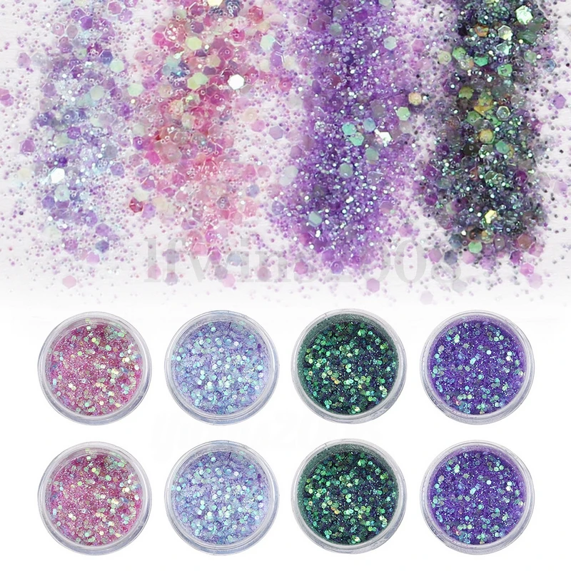 

10ml Wholesale 4 Colors Nail Art chunky Glitter Bling Bling Mermaid Holographic Glitter Chunky Mix Flake Nail Art Face Eye Body
