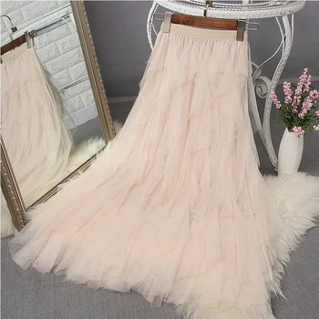 

Spring 2019 New Women's High Waist Mesh Ruffles Stitching Mid Length Skirt Girls' Irregular Fairy Fluffy Skirt