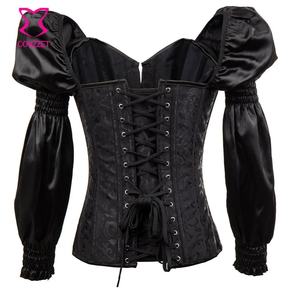 Victorian Retro Corsets And Bustiers With Puff Long Sleeve Black Gothic Corset Plus Size Korsett For Women Steampunk Clothing