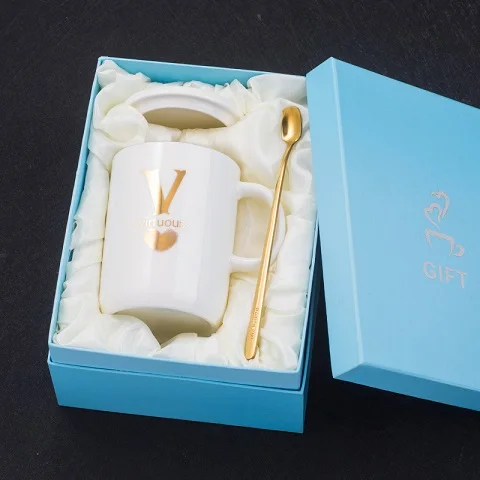 SPSCO 400 мл креативные золотые отпечатки пальцев белая керамическая кофейная кружка, кружка для чая с золотая ручка в подарок с крышкой и ложкой - Цвет: V-white
