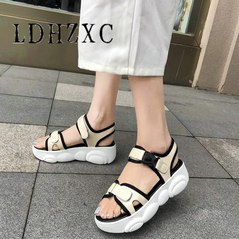 

Ldhzxc 2019 Women Sandals Pu Leather Wedge High Heel Strange Open-toed Hook&loop Casual Thick Bottom Shoes Size 34-45