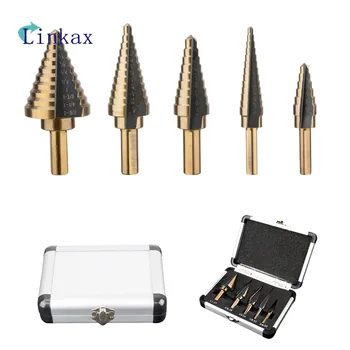 

5Pcs/Set Hss Step Cone Taper Drill Bit Set Hole Cutter Metric 4-12/20/32mm 1/4 50 Sizes STEP DRILL BIT SET w / Aluminum Case