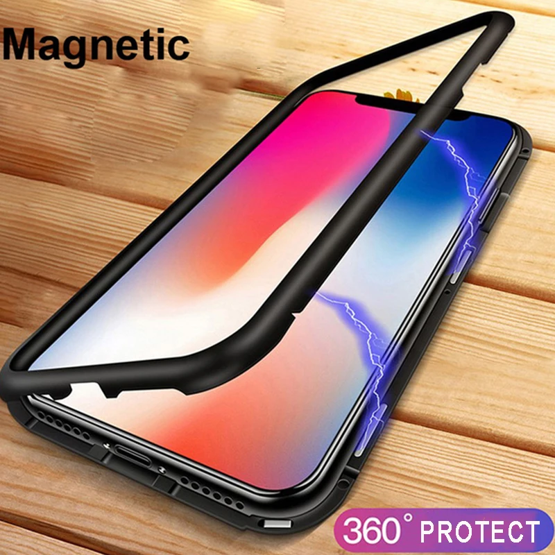 

Magnetic Adsorption Flip Phone Case for iPhone XS Max XR X Clear Back Tempered Glass + Metal Magnet Cover for iPhone 8 7 6s Plus
