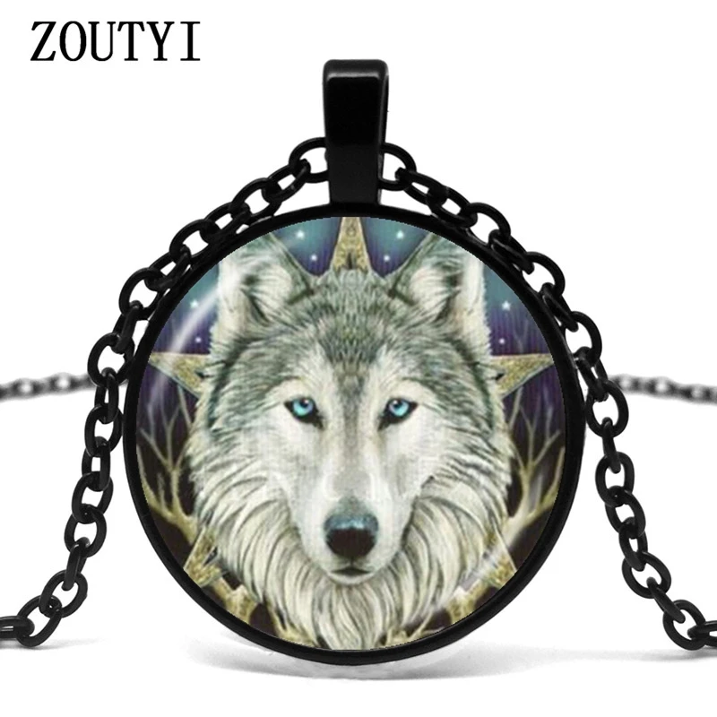 

2018/Wicca Wolf photo necklace five-pointed star Wiccan pendant animal jewelry necklace glass cabochon accessories.