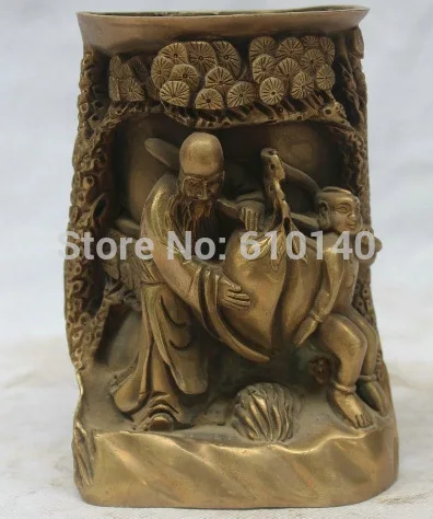 

7" Chinese Folk geezer Brass peach boys Brush Pot pencil vase statue sculpture
