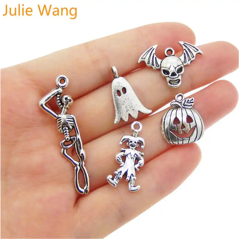 

Julie Wang 5pcs Mixed Halloween Pumpkin Skull Ghost Clown Antique Silver Charms Necklace Pendant Jewelry Making Accessory