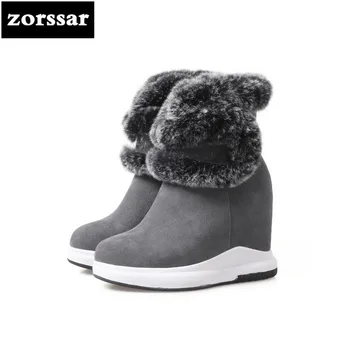

{Zorssar} 2019 New Women Booties Wedge Winter Warm Plush Snow boots cow suede Leather Women ankle Boots High heels Botas Mujer