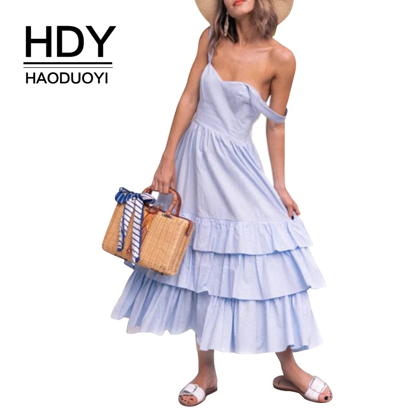 

HDY Haoduoyi Layered Frill Sleeveless Pleated Mid Dress Backless Strap Off Shoulder Pretty Style V Neck Vestidos For Female