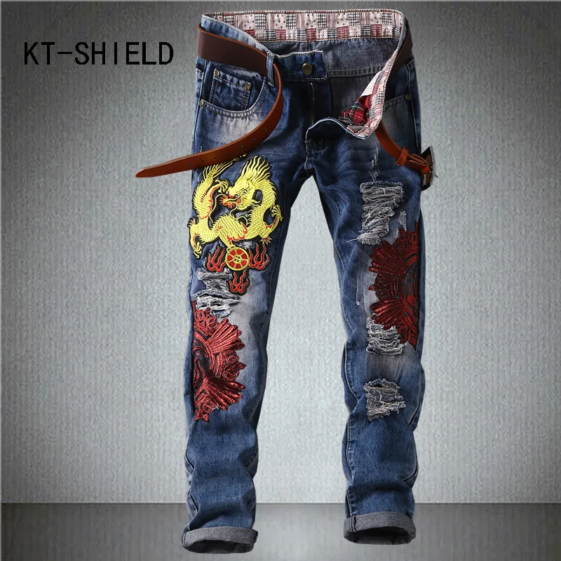 

Fashion Slim full length Print embroidery Jeans men Distressed ripped biker man Denim pants Summer casual straight long trousers