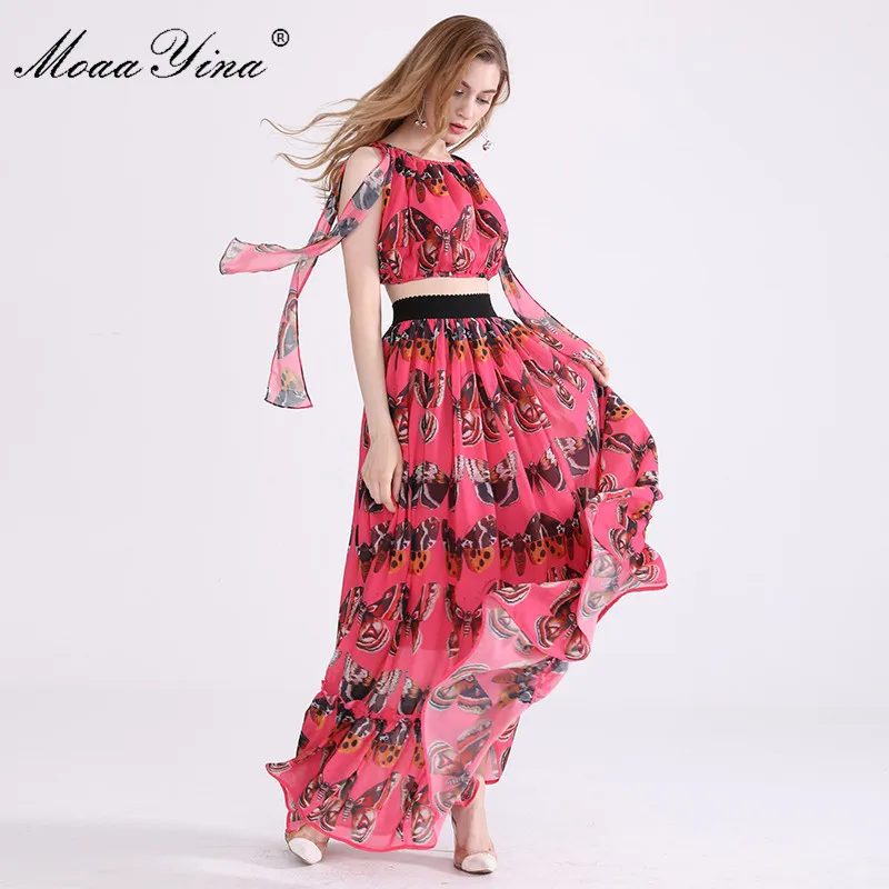 De Élégante Courte Créateur Papillon Femmes Blouse Qualité Bowknot Moaayina Haute Impression Jupe Mode Rouge Longue Romantique Ensemble D'été H6dcwqBx