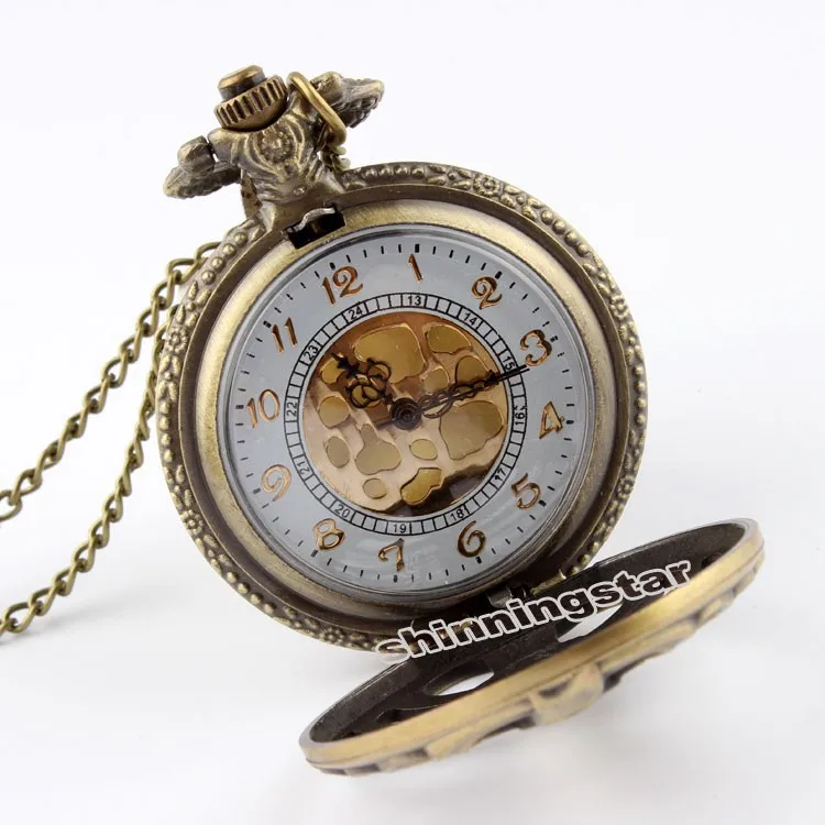 Retro Steampunk Bronze Spine Ribs Hollow Quartz Pocket Watch Necklace Pendant sweater chain Women Gift P105 12