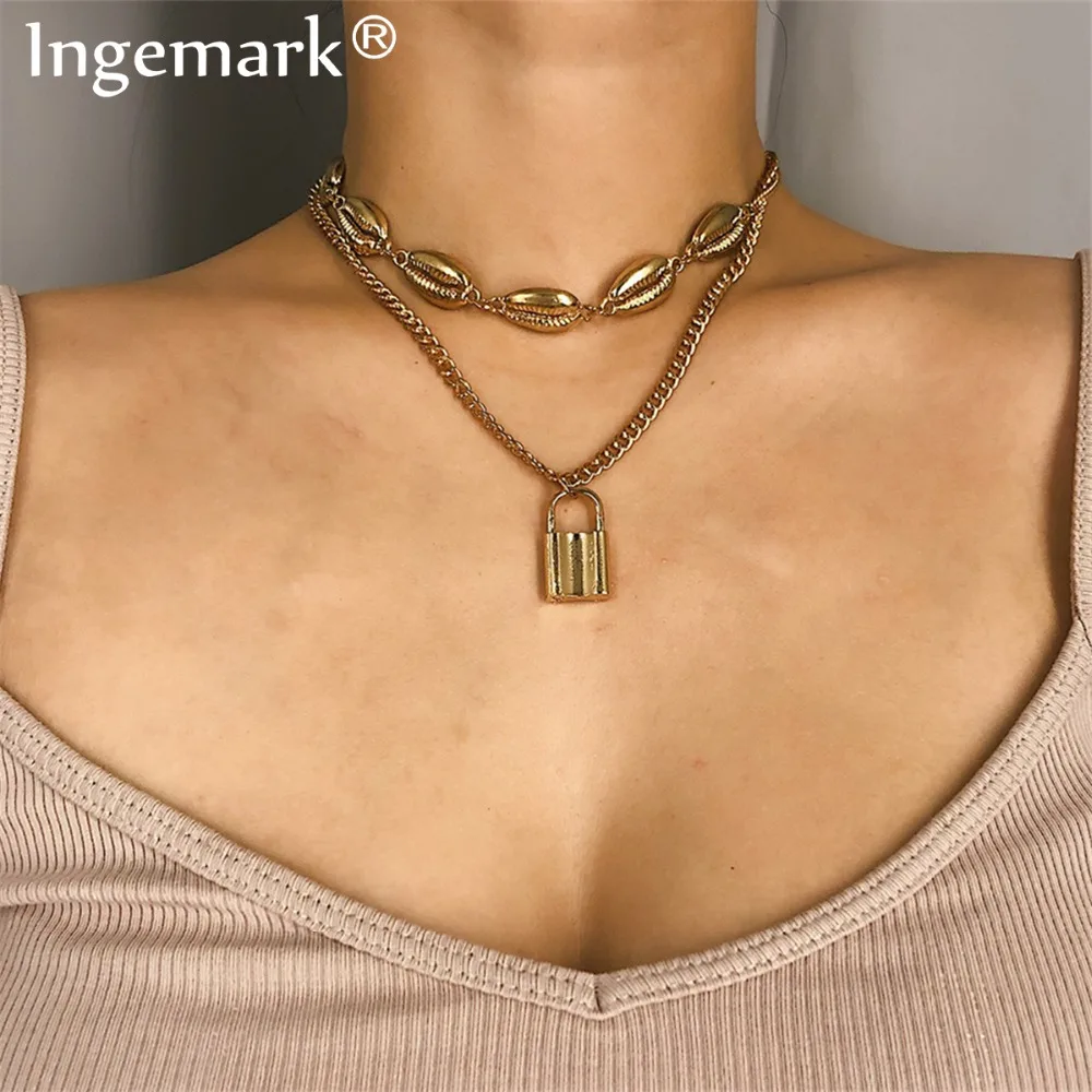 

Ingemark Vintage Lover's Lock Pendant Necklace Steampunk Multilayer Alloy Shell Choker Collar Seashell Boho Chain Necklace Gift