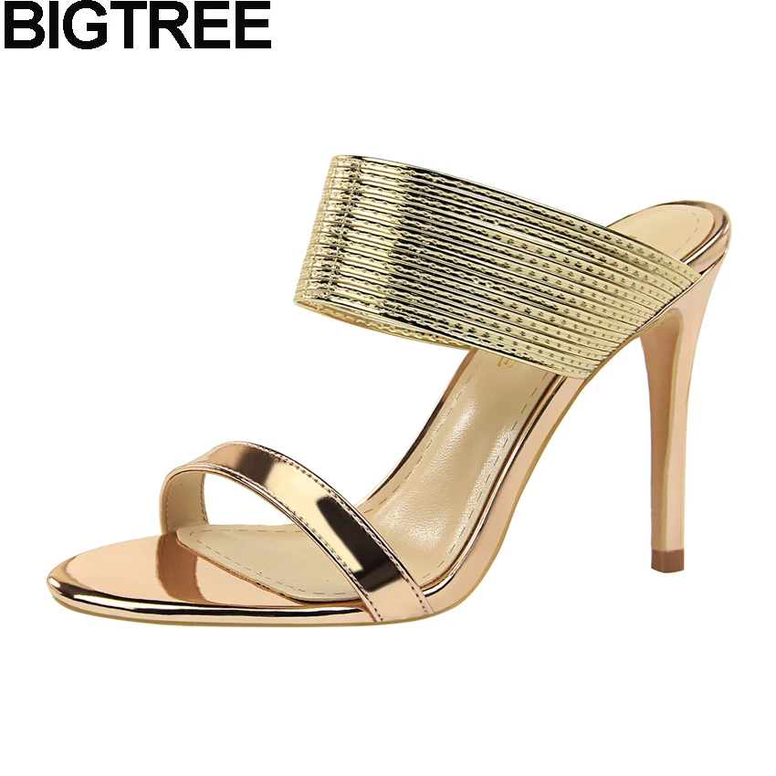 Kopen BIGTREE Sexy Classic Pumps Slides Strappy Muilezels Metallic Glossy Lederen Hoge Hak Sandalen Stiletto Bruiloft Bruids Schoenen