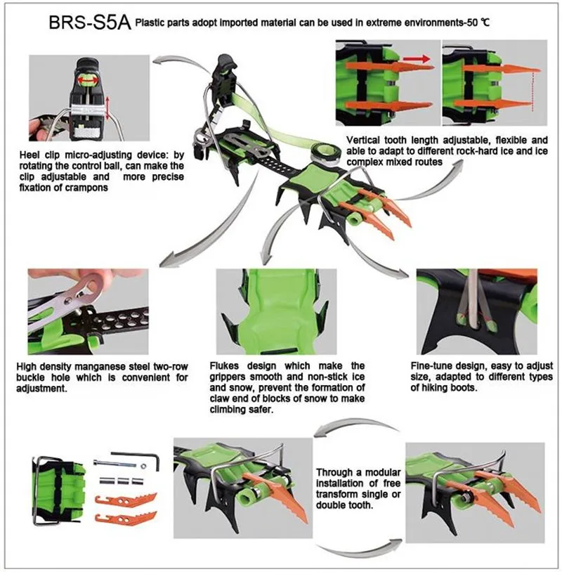 BRS 14 зубов профессиональный открытый альпинизм полный зажим Crampon марганцевой стали ледяной захват альпинист Expeditions BRS-S5A/B/C